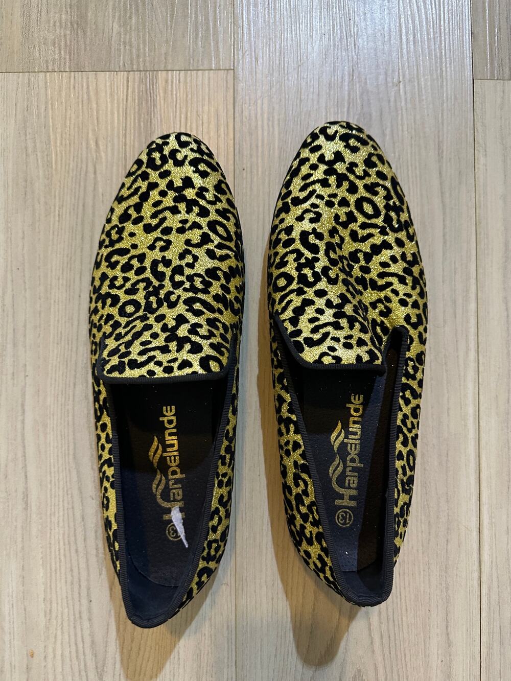 Harpelunde Men Gold Glitter Leopard Loafers Velvet Smoking Shoes Prom Wedding 13